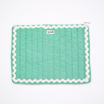 Mint green striped quilted laptop sleeve with cream ric-rac border and top zipper by Lumuk.